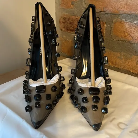 GOOD AMERICAN LIGHT SMOKE BLACK JEWELED STILETTO HEEL EMMA SIZE 7‎ New in Box