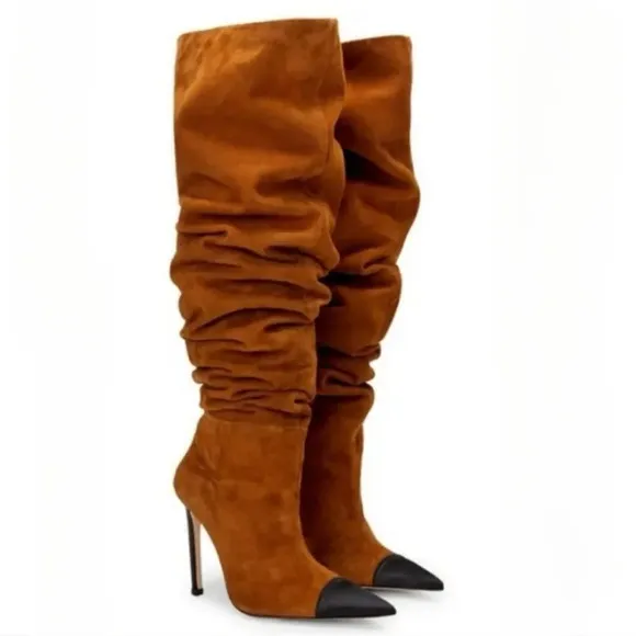 Good American Pointy Toe Over The Knee Slouch Boots Brown Roble Suede Size 5