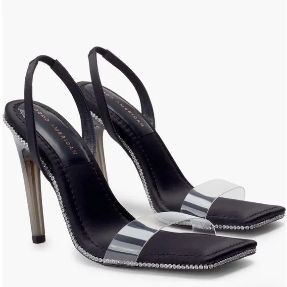 Good American Shoes Crystal Crush Lucite Sandal Black NWOB Size:8.5 and 9