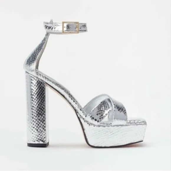 Good American Size: 9 Platform Block Heel Sandals Silver Snake