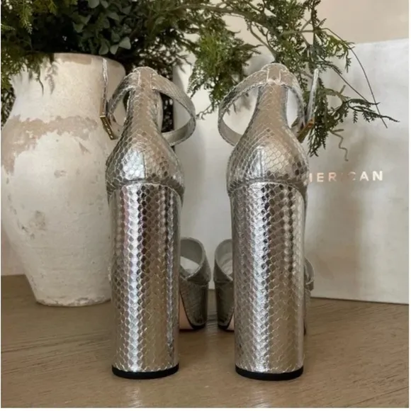 Good American Size: 9 Platform Block Heel Sandals Silver Snake