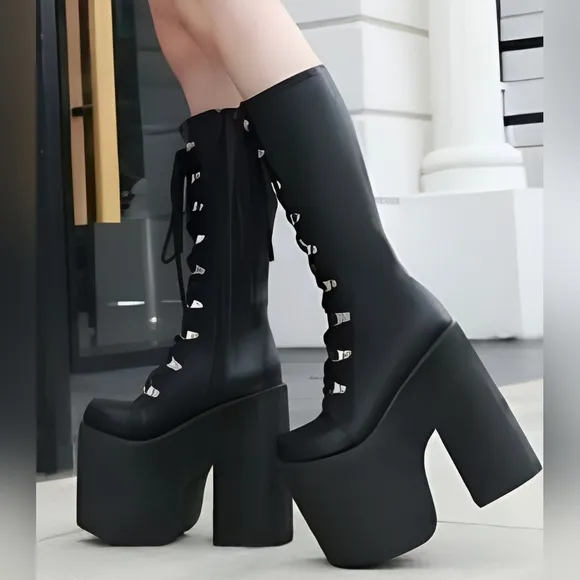 Goth Platform Knee High Boots Punk Cosplay Boots Womens Black Size 5.5