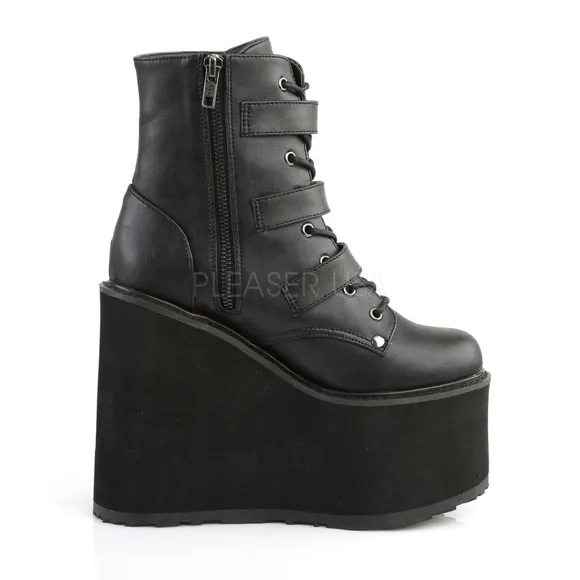 Goth Wedge Platform Bat Buckle Lace Up Ankle Boots