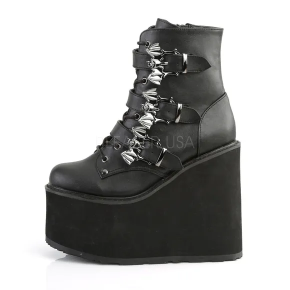 Goth Wedge Platform Bat Buckle Lace Up Ankle Boots