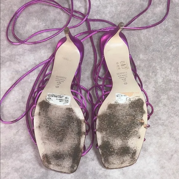 GUC Schutz Women's 7.5 Dark Metallic Pink Purple Strappy Heels Leather