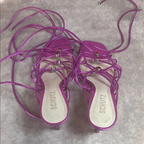 GUC Schutz Women's 7.5 Dark Metallic Pink Purple Strappy Heels Leather
