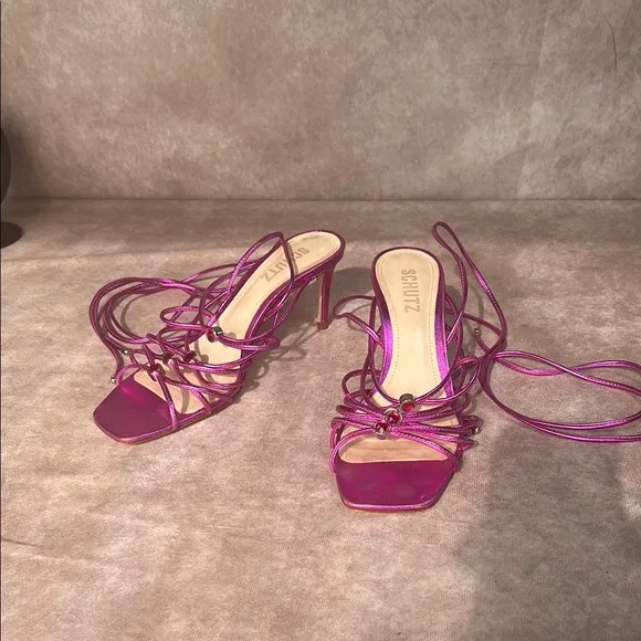 GUC Schutz Women's 7.5 Dark Metallic Pink Purple Strappy Heels Leather