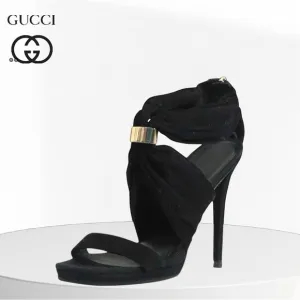 Gucci authentic Black suede stiletto heel sandals gathered strap –7.5