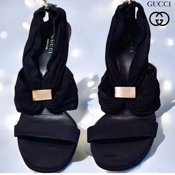 Gucci authentic Black suede stiletto heel sandals gathered strap –7.5