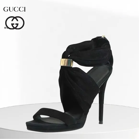 Gucci authentic Black suede stiletto heel sandals gathered strap –7.5