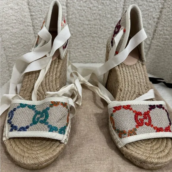 Gucci Beige and Multicolor Espadrille Sandals