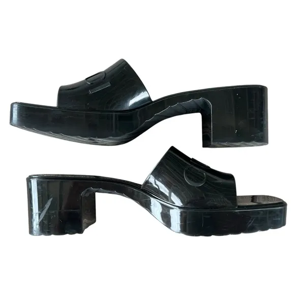 Gucci Black Rubber Logo Platform Slide Sandals Block Heel Chunky EU 38 GUC