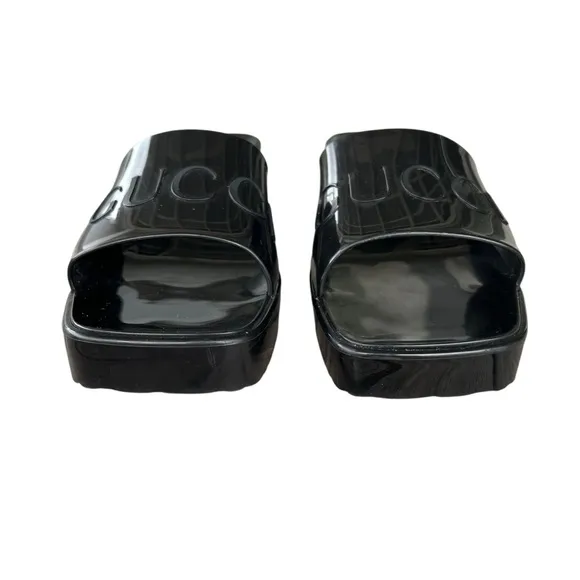 Gucci Black Rubber Logo Platform Slide Sandals Block Heel Chunky EU 38 GUC