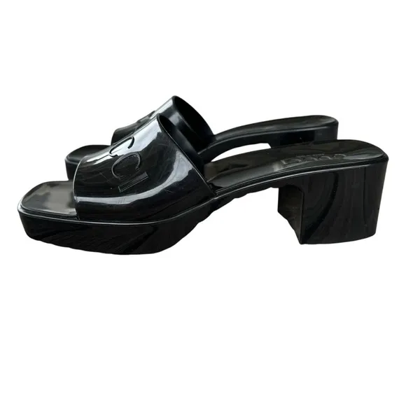 Gucci Black Rubber Logo Platform Slide Sandals Block Heel Chunky EU 38 GUC