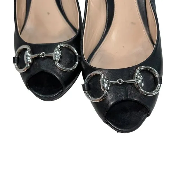 Gucci Italy classic Italy blk leather silver horse bit peep toe heels sh…