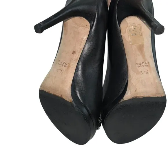 Gucci Italy classic Italy blk leather silver horse bit peep toe heels sh…