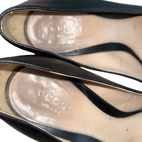 Gucci Italy classic Italy blk leather silver horse bit peep toe heels sh…