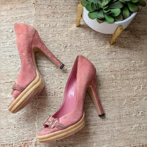 Gucci  • Pink Champagne / Rose Suede Peep Toe Platform Pumps