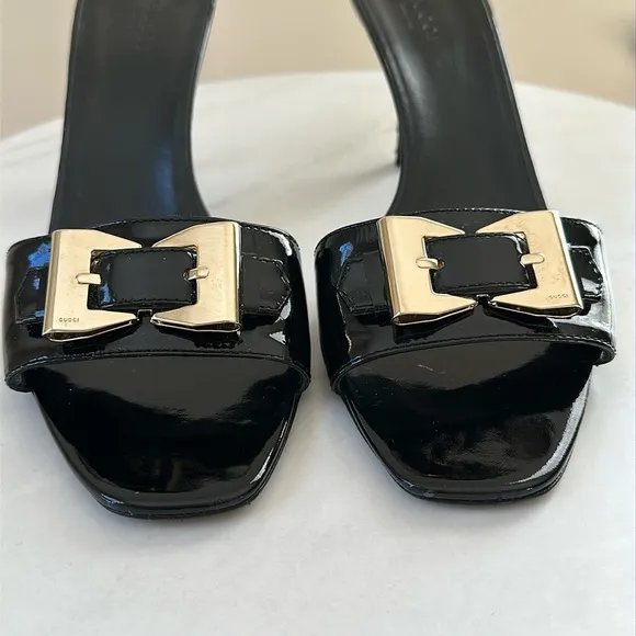 Gucci Sand Pelle Cuoio Nero Patent Lamb Mules Slip on Sandal