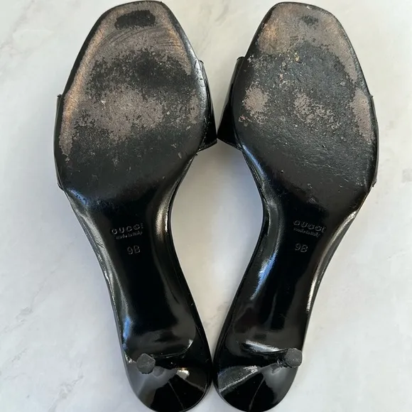Gucci Sand Pelle Cuoio Nero Patent Lamb Mules Slip on Sandal