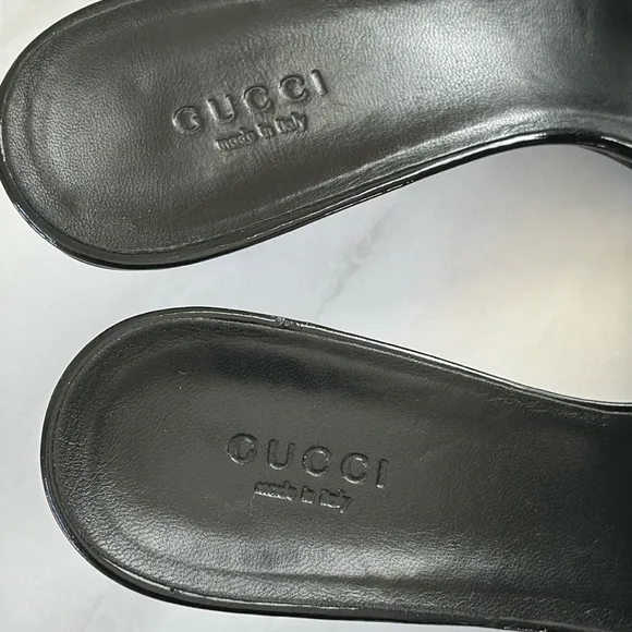 Gucci Sand Pelle Cuoio Nero Patent Lamb Mules Slip on Sandal