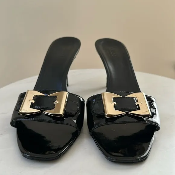 Gucci Sand Pelle Cuoio Nero Patent Lamb Mules Slip on Sandal