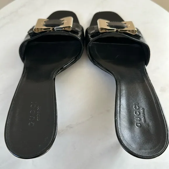 Gucci Sand Pelle Cuoio Nero Patent Lamb Mules Slip on Sandal