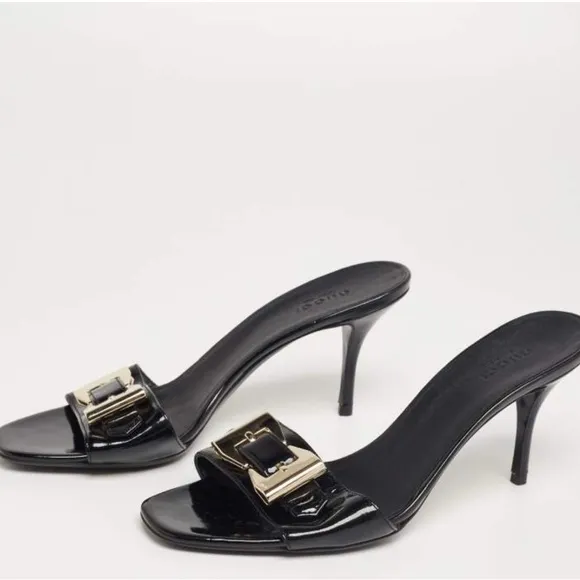 Gucci Sand Pelle Cuoio Nero Patent Lamb Mules Slip on Sandal