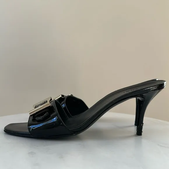 Gucci Sand Pelle Cuoio Nero Patent Lamb Mules Slip on Sandal