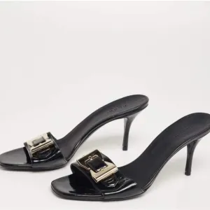 Gucci Sand Pelle Cuoio Nero Patent Lamb Mules Slip on Sandal