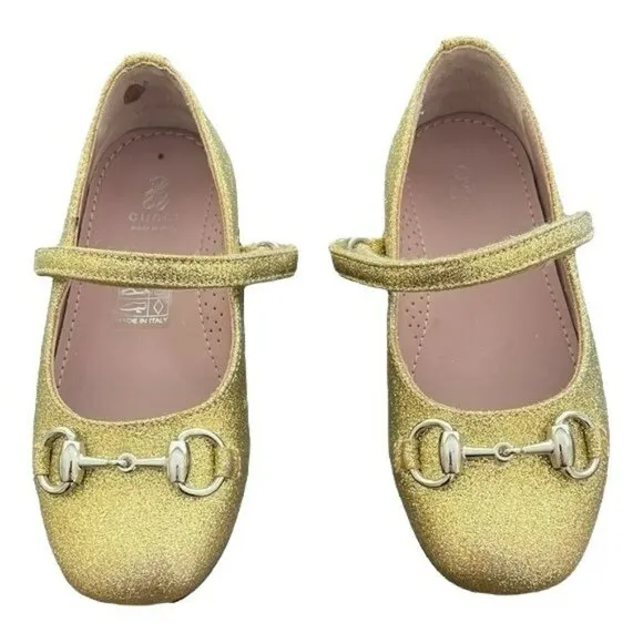 Gucci Shoes Kids Glitter Gold Ballet Mary Jane Flats Preowned Size 24 US 8