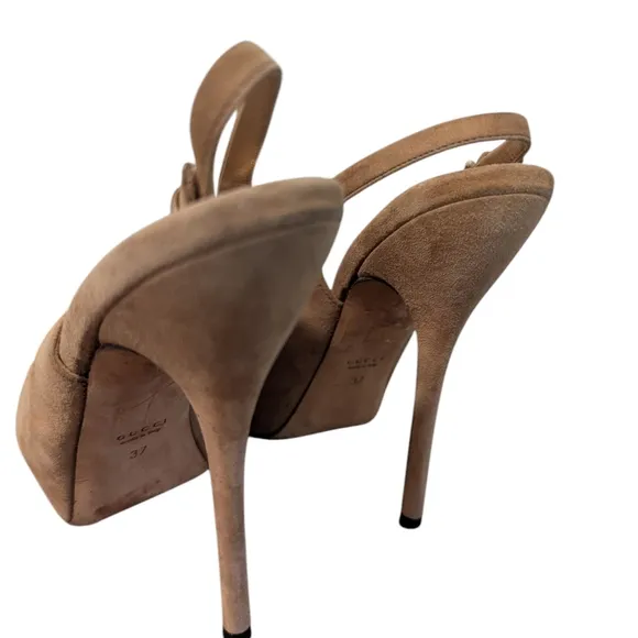 Gucci, Sofia,Elegant Tan Peep-Toe Slingback Heels, Size 37