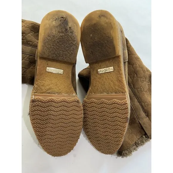 Gucci Suede Monogram Shearling Boots in Tan with Dustbag