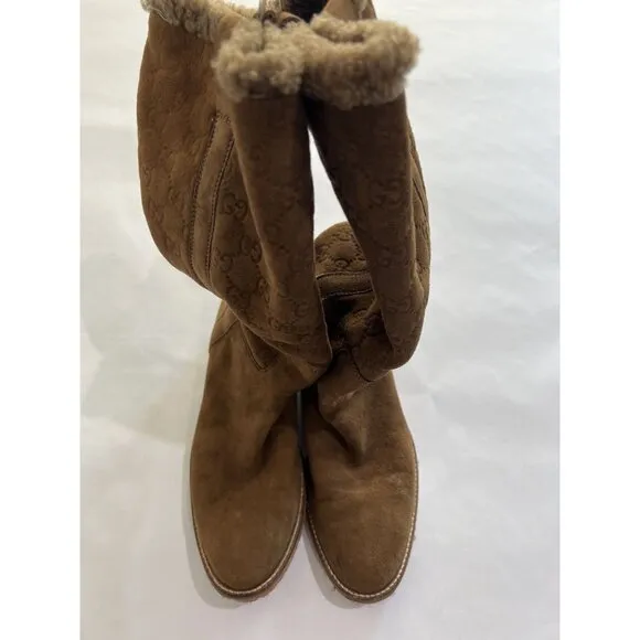 Gucci Suede Monogram Shearling Boots in Tan with Dustbag