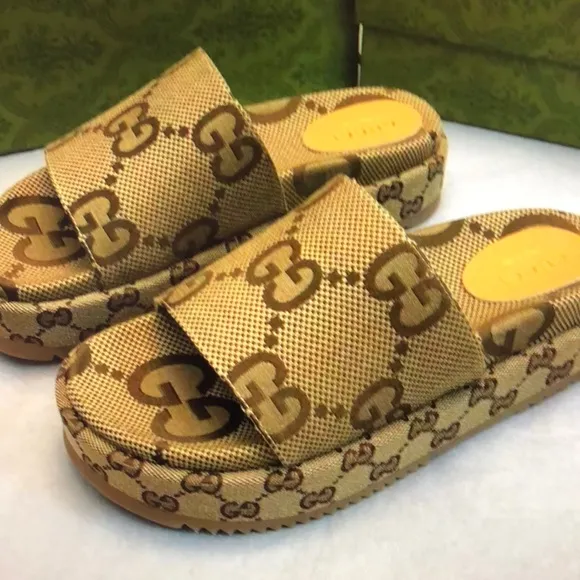 Gucci Tan and Brown Sandals with Platform Sole