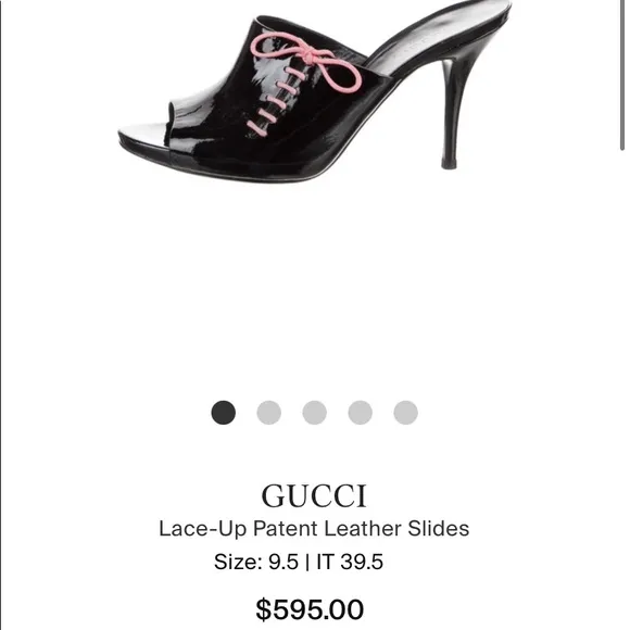 Gucci Vintage 90s lace up black patent leather pink lace up peep toe stilettos