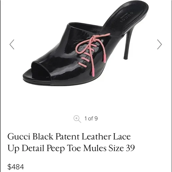 Gucci Vintage 90s lace up black patent leather pink lace up peep toe stilettos