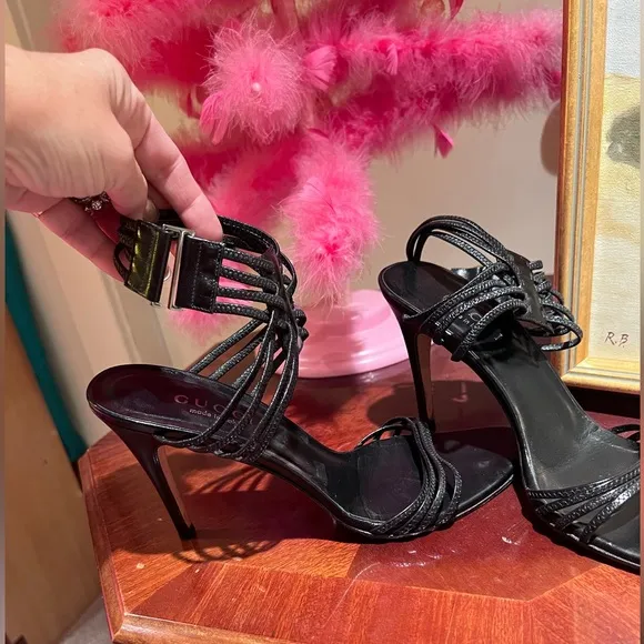 Gucci Vintage Black Strappy Heels with Glossy Finish