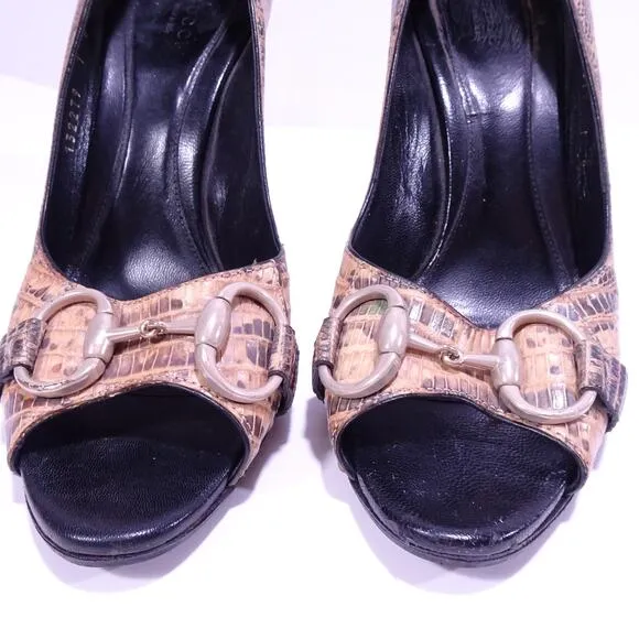 GUCCI Women's Faux Crocodile Leather Horsebit Gold High Heel Pumps 7