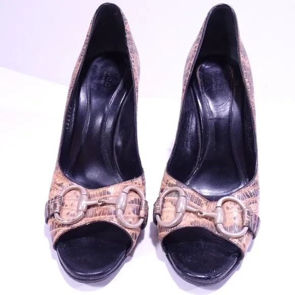 GUCCI Women's Faux Crocodile Leather Horsebit Gold High Heel Pumps 7