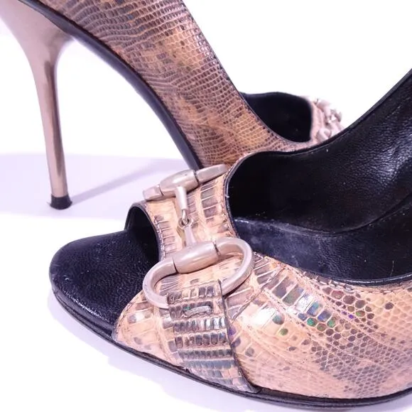 GUCCI Women's Faux Crocodile Leather Horsebit Gold High Heel Pumps 7