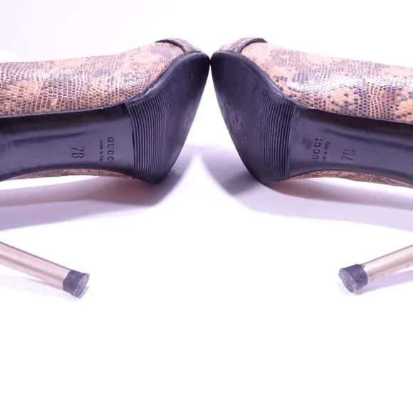 GUCCI Women's Faux Crocodile Leather Horsebit Gold High Heel Pumps 7