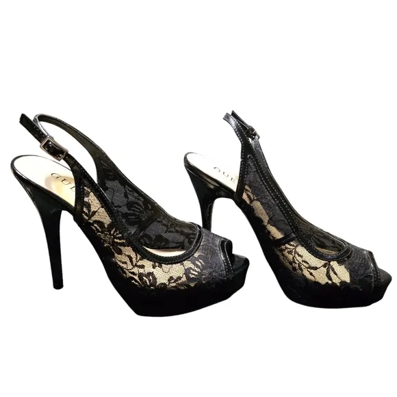 Guess Black Lace Peep Toe Heels Size 7.5