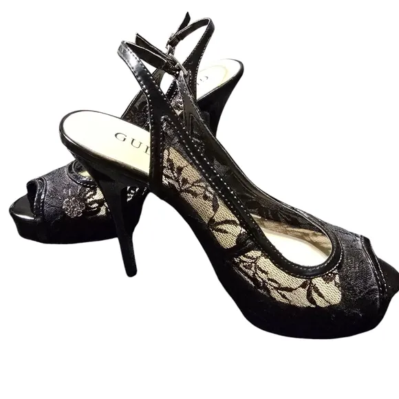 Guess Black Lace Peep Toe Heels Size 7.5