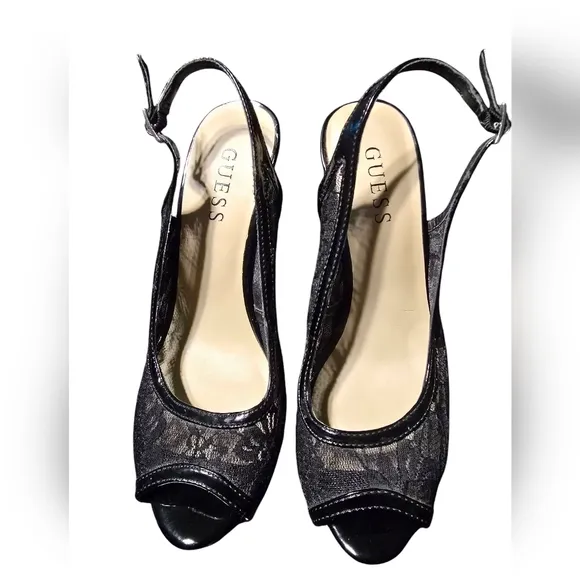 Guess Black Lace Peep Toe Heels Size 7.5