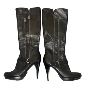 Guess Black Leather Platform Stiletto Side Zip Below The Knee Boots Size 9.5M