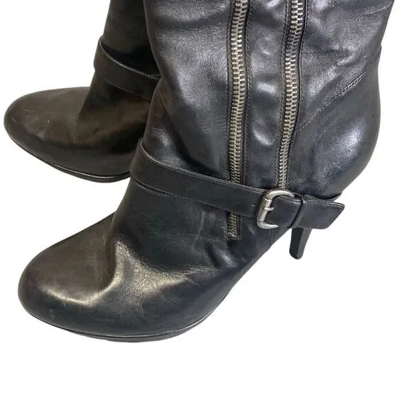 Guess Black Leather Platform Stiletto Side Zip Below The Knee Boots Size 9.5M