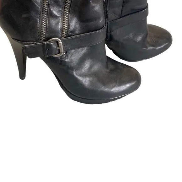 Guess Black Leather Platform Stiletto Side Zip Below The Knee Boots Size 9.5M