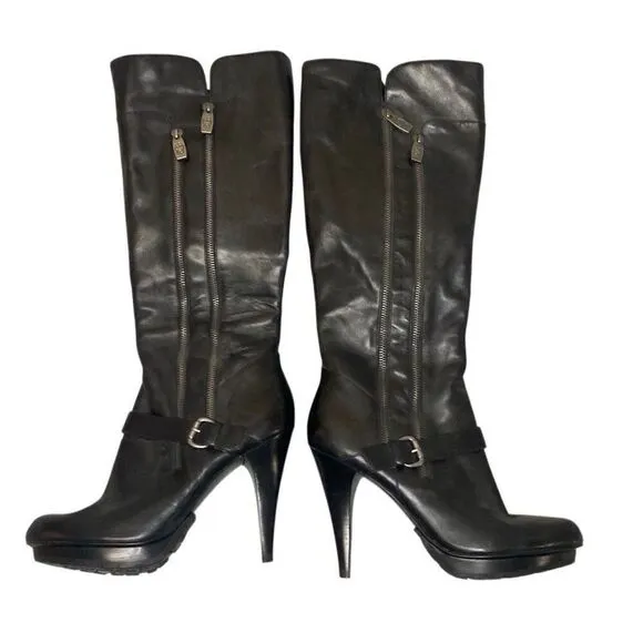 Guess Black Leather Platform Stiletto Side Zip Below The Knee Boots Size 9.5M