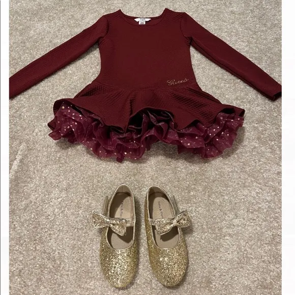 GUESS Brand Girls Red Dress and gold Felix &amp; Flora shoes bundle